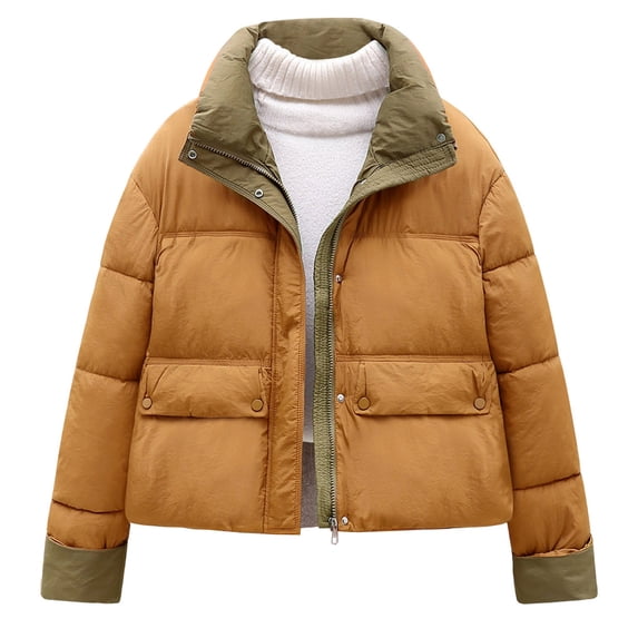 Rutainlusire Womens Fashion Casual Solid Color Warm Puffer Jackets 2025 Fall Winter Women's Casual Winter Thickened Stand-up Collar Short Long-sleeved Coat
