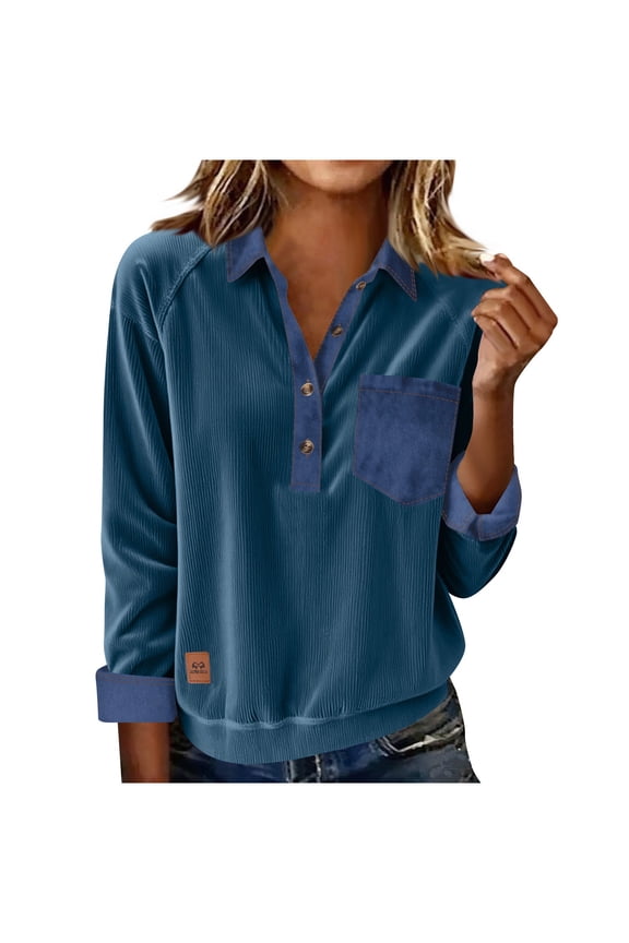 Womens Fashion Color Blocked Trendy V-Neck Lapel Blouses Tops Women Solid Casual Long Sleeves Lapel Denim Patchwork Stitching Pullover Sweatshirt Tops