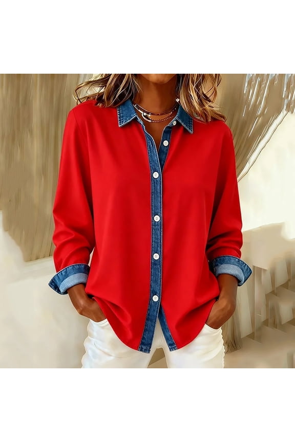 Womens Fashion Comfy Buttoned Shirts Blouses Tops 2026 Women Solid Casual Long Sleeves Lapel Denim Patchwork Stitching Bottun Tops