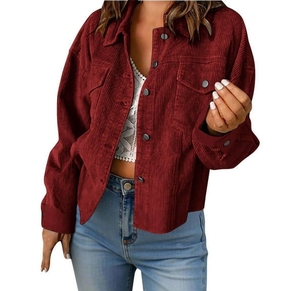 Rutainlusire Womens Fashion Corduroy Buttoned Comfy Truck Jackets 2026 Ladies' Casual Solid Color Lapel Button Long Sleeved Cardigan Jacket