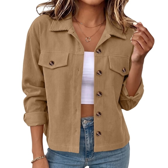 Rutainlusire Womens Fashion Corduroy Buttoned Comfy Truck Jackets 2026 Ladies' Casual Solid Color Lapel Button Long Sleeved Cardigan Jacket
