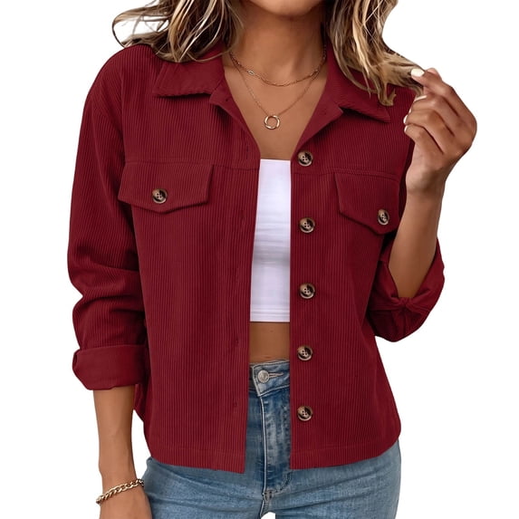 Rutainlusire Womens Fashion Corduroy Buttoned Comfy Truck Jackets 2026 Ladies' Casual Solid Color Lapel Button Long Sleeved Cardigan Jacket