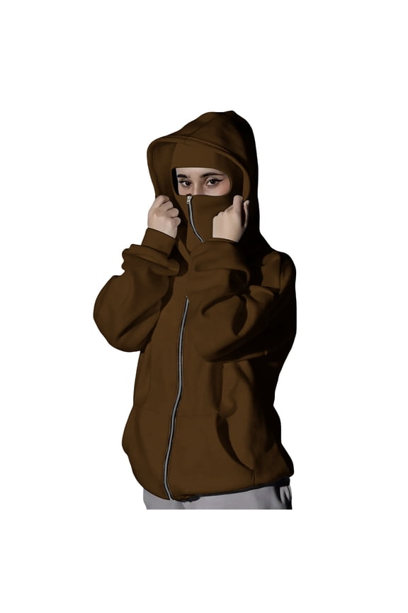 Womens Fashion Daily Zip Up Hooded Jackets with Mask Women's Balaclava Hoodie Zip Up Jacket Double Hooded Sweatshirt Hoodie With Mask Wind Coat