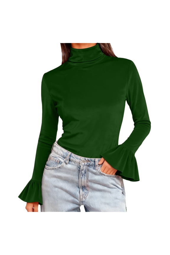 Womens Fashion Flared Ruffle Trim Slim Comfy Blouses Tops Women Casual Solid Color Gold Velvet High Neck Pullover Tight Long Sleeved Top