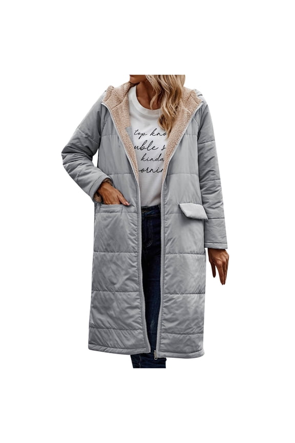 Womens Fashion Fleece Warm Puffer Jackets Coat Jackets 2025 Winter Women's Winter Casual Loose Fashion Color Pocket Zippered Tops Reversible Long Cotton Coat