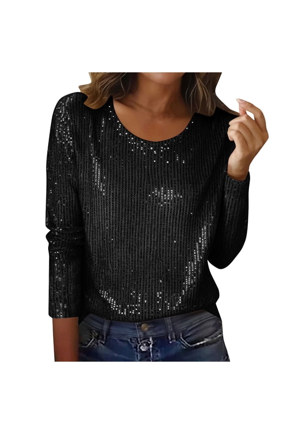 Womens Fashion Party Shiny Sequins Crew Neck Blouses Tops Women's Casual Sequin Fashion Round-Neck T-Shirt