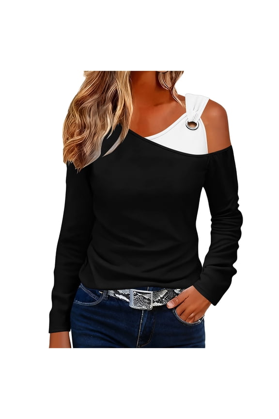 Womens Fashion Patchwork Cold Shoulder Strap Blouses Tops 2026 Women's Casual Solid Color Spliced Off Shoulder Metal Buckle Strap Tops