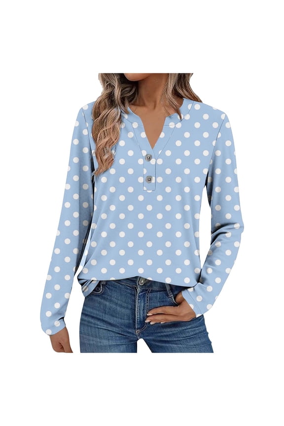 Womens Fashion Polka Dot Comfy Blouses Tops 2026 Fashion Women's Casual Printed V-Neck Long Sleeve T-shirt Blouse Zipper Tops