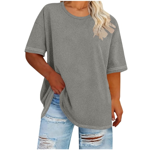 Rutainlusire Womens Fashion Solid Color Loose Short Sleeves Blouses Tops Women's Plus Size Round Neck Short Sleeved Spring/Summer Basic Shirt T-Shirt Top