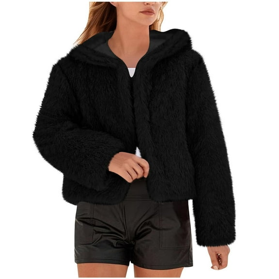 Rutainlusire Womens Fashion Trendy Casual Warm Comfy Hooded Faux Furry Cardigan Jackets 2025 Women's Loose Knit Cardigan Coat Long Hair With Lining Long Sleeve Drop Shoulder Sleeve Hooded Top