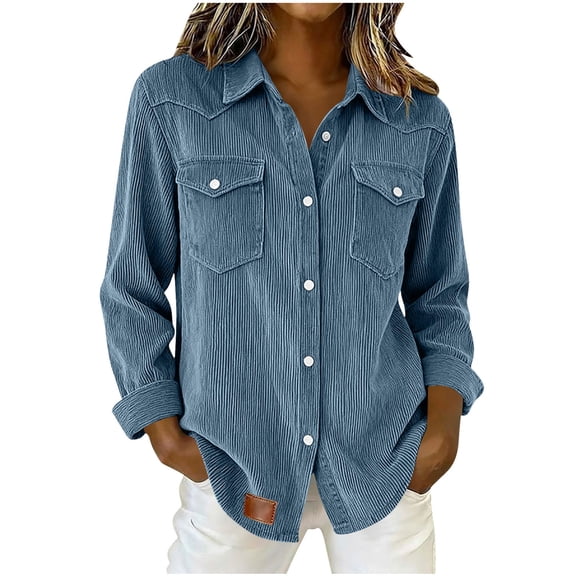 Rutainlusire Womens Fashion Trendy Denim Buttoned Shirts Blouses Tops Women Solid Casual Long Sleeves Lapel Denim Patchwork Stitching Bottun Tops