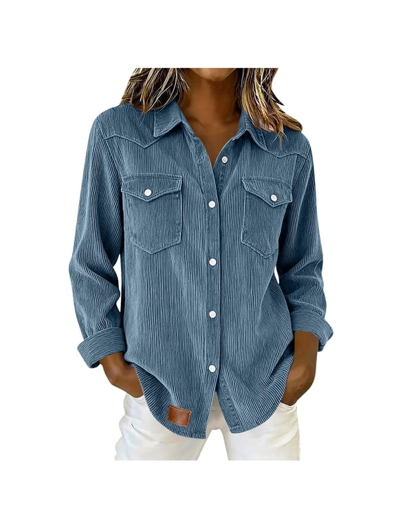 Womens Fashion Trendy Denim Buttoned Shirts Blouses Tops Women Solid Casual Long Sleeves Lapel Denim Patchwork Stitching Bottun Tops