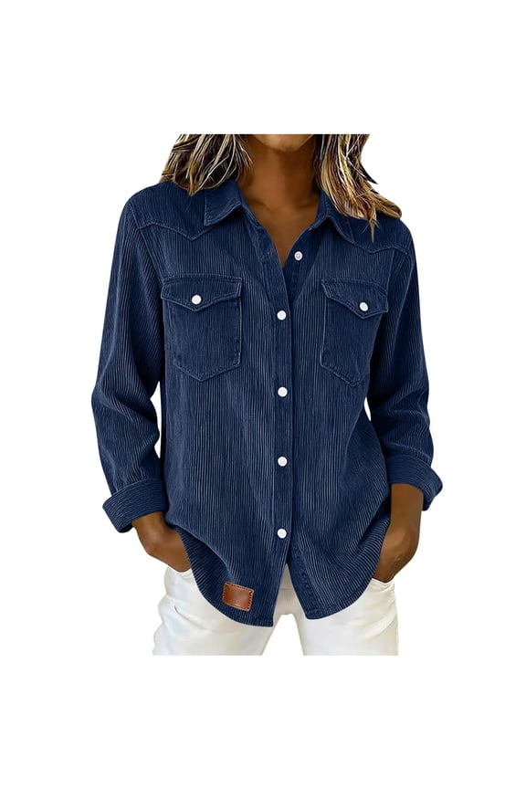 Womens Fashion Trendy Denim Buttoned Shirts Blouses Tops Women Solid Casual Long Sleeves Turn Down Collar Shirt Bottun Pocket Tops Blouse
