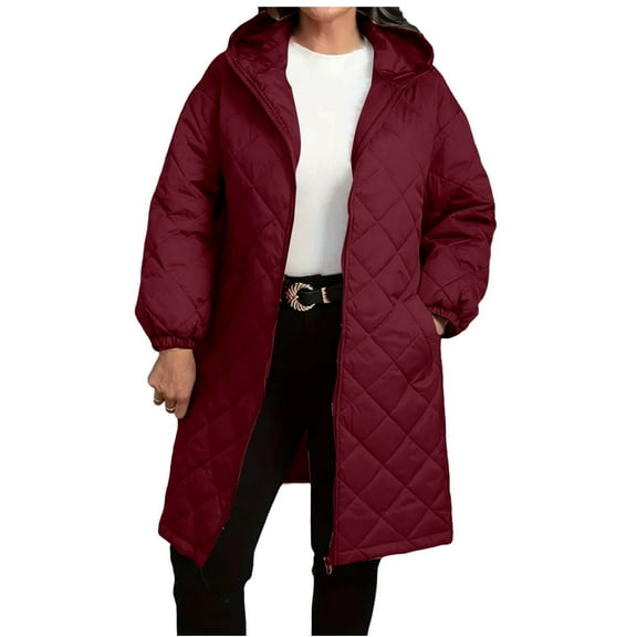 Rutainlusire Womens Fashion Warm Long Hooded Quilted Jackets Puffer Jackets 2025 Women's Hooded Solid Color Down Jacket Loose And Thick Jacket With Tied Hands Windproof Pockets Zipper Jacket