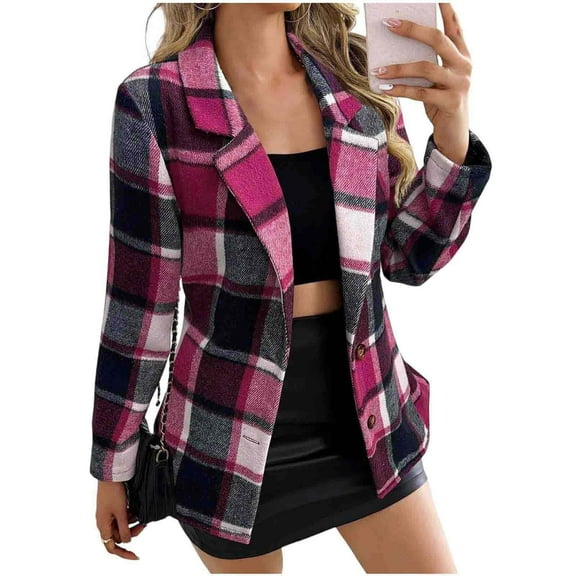 Rutainlusire Womens Fashion Warm Plaid Printed Comfy Cardigan Jackets Women's Loose Plaid Printed Long Sleeved Pocket Woolen Coat Cardigan Top
