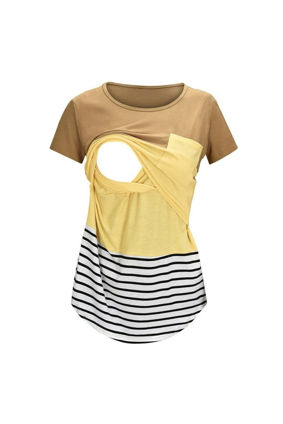 Brilliant Womens Maternity Clothes Pregnant Tops Maternity Womens Nursing Stripe Round Neck Short Sleeve Round Neck Breastfeeding Blouse With Pocket clothes under $10.00