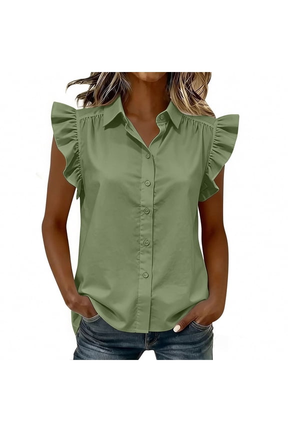 Womens Point Collar Ruffle Flutter Sleeve Button Down Tops Ladies Casual Loose Solid Color Lightweight Blouse Tops for Office Work and Daily Wear