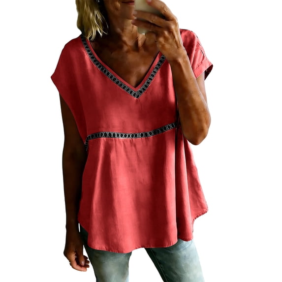 Rutainlusire Womens Scoop Neck Hem 3/4 Sleeve Inset Crochet Lace Tops Ladies Casual Loose Solid Lightweight Breathable Summer Blouse Tops for Vacation