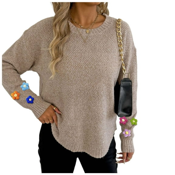 Rutainlusire Womens Solid Color Warm 3D Floral Decorated Loose Sweaters Women's Casual Flower Round Neck Fashion Fall/Winter Long Sleeved Pullover Sweater Top