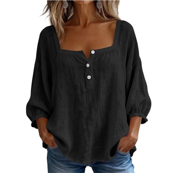 Rutainlusire Womens Square Neck Half Button Puff 3/4 Sleeve Tops Ladies Casual Loose Solid Lightweight Breathable Washed Crinkle Textured Tops for Vacation