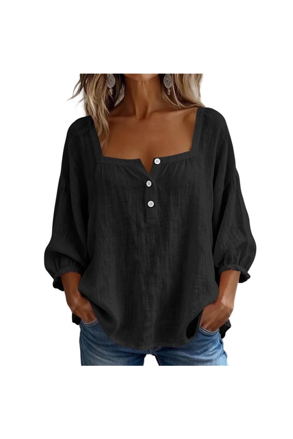 Womens Square Neck Half Button Puff 3/4 Sleeve Tops Ladies Casual Loose Solid Lightweight Breathable Washed Crinkle Textured Tops for Vacation