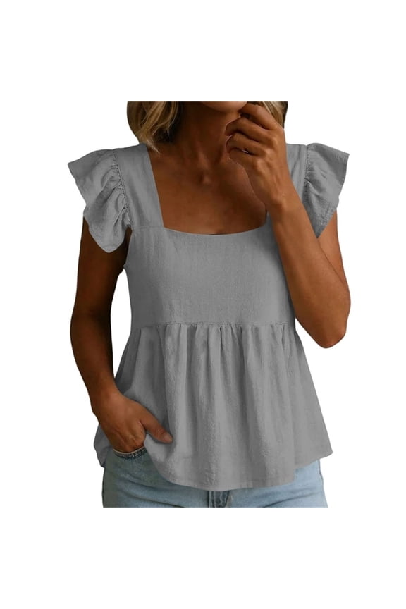 Womens Square Neck Ruffle Flutter Sleeve Tops Ladies Plain Color Casual Loose Daily Tops T-shirt Blouses