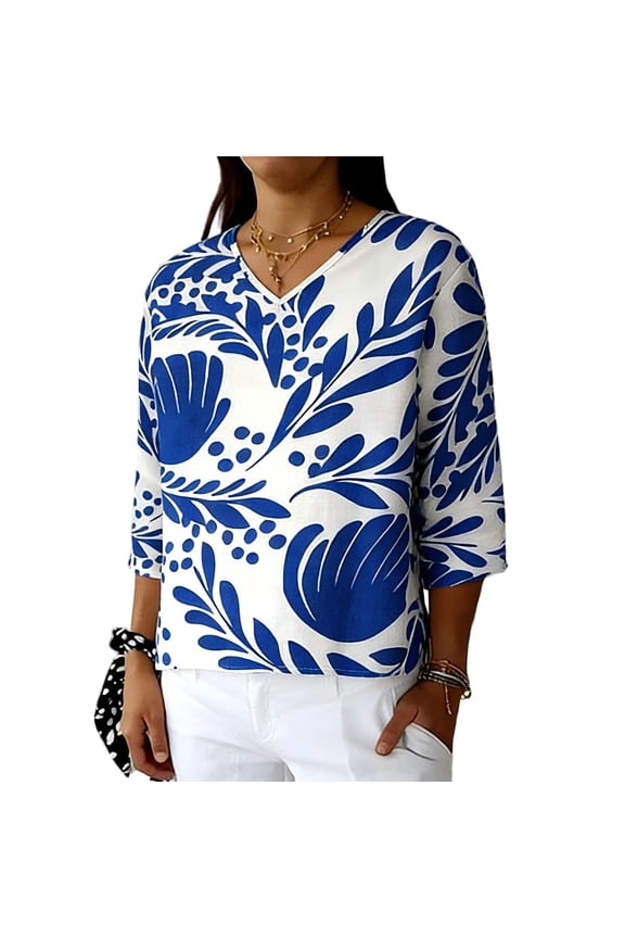 Womens Tops Botanical Print 3/4 Sleeve Loose Blouse Long Sleeve Shirts for Women Women's V-neck Linen Three Quarter Sleeve Loose Top With Curved Hem