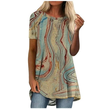 Rutainlusire Womens Tops Clearance Women Short Sleeve Printed Long T-Shirt Blouse Loose Tops