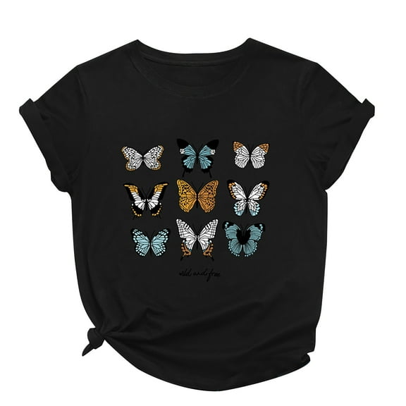 Rutainlusire Womens Tops Women's Casual Loose Butterfly Print Round Neck Top T-Shirt