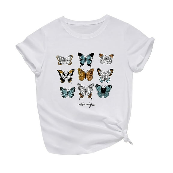 Rutainlusire Women Tops Women's Casual Loose Butterfly Print Round Neck Top T-Shirt