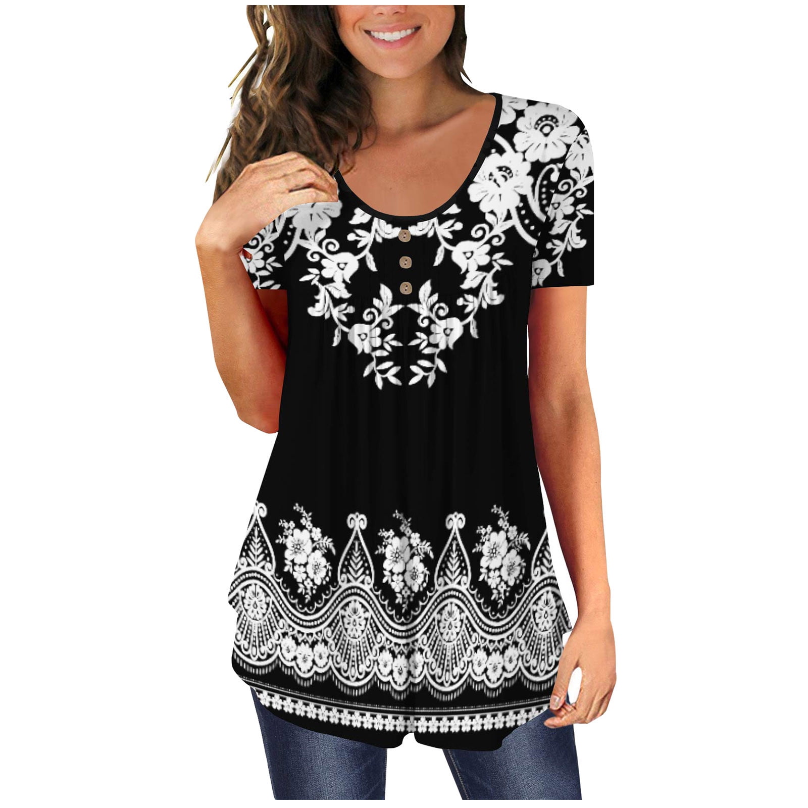 MissLetty Women's Ruched Tunic Top - Colorful Short Sleeve Blouse, Button Front, Flowy For Leggings, Size Medium - View #14