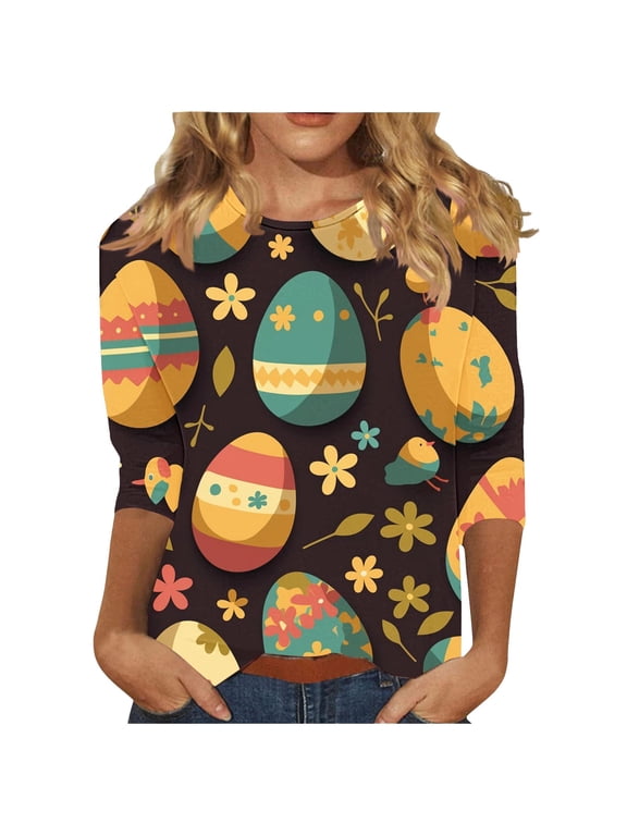 Womens Tops Easter Shirts for Women Long Sleeves Shirts Blouse Sweatshirts 2026 Ladies' Casual Easter-print Round-neck Three-quarter Sleeve T-shirt Top