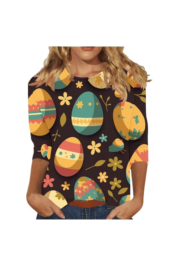 Womens Tops Easter Shirts for Women Long Sleeves Shirts Blouse Sweatshirts 2026 Ladies' Casual Easter-print Round-neck Three-quarter Sleeve T-shirt Top