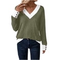 thumbnail image 1 of Rutainlusire Womens Tops Trendy Contrast Ribbed Sweater Long Sleeve Shirts for Women Women's V-neck Solid Color Wide Ribbed Stripe Colorblocked Long Sleeve Knit Top, 1 of 5
