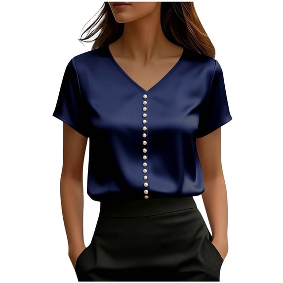 Rutainlusire Womens Tops V-Neck Pearl Button Smooth Satin Short Sleeve Shirts Blouse Women's Summer Fashion Solid Color Casual V-Neck Short Sleeved Top Shirt