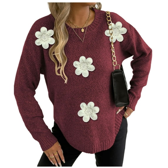 Rutainlusire Womens Trebdy Solid Color Warm 3D Floral Decorated Loose Comfy Sweaters Women's Casual Flower Round Neck Fashion Fall/Winter Long Sleeved Pullover Sweater Top