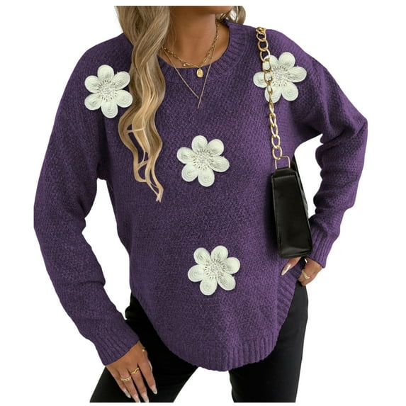 Rutainlusire Womens Trebdy Solid Color Warm 3D Floral Decorated Loose Comfy Sweaters Women's Casual Flower Round Neck Fashion Fall/Winter Long Sleeved Pullover Sweater Top
