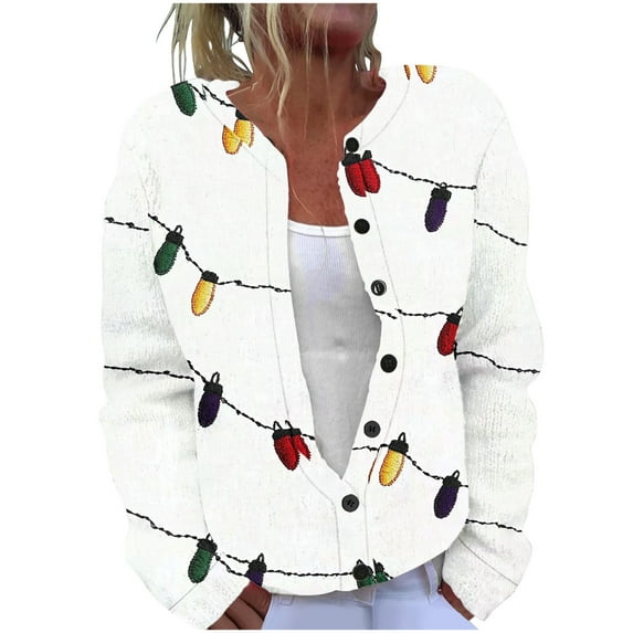 Rutainlusire Womens Trendy Casual Christmas Printed Comfy Cardigan Jackets 2025 Women's Casual Christmas Vintage Print Long Sleeve Cardigan Button Up Top Coat