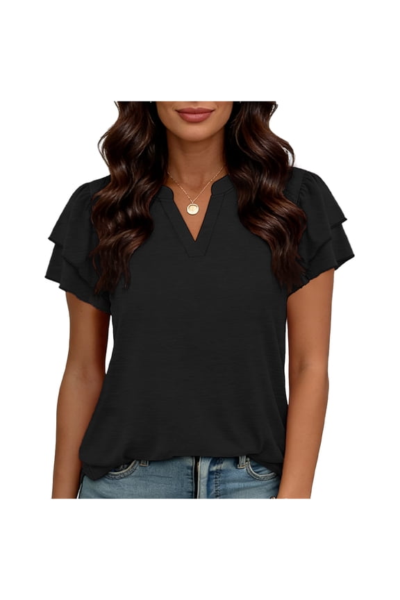 Womens Trendy Casual Double Ruffle Sleeve Comfy Blouses Tops Women's Fashion Spring Summer Solid Color Base Layer T-Shirt With Ruffled Sleeve V-Neck Top