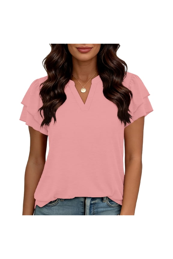 Womens Trendy Casual Double Ruffle Sleeve Comfy Blouses Tops Women's Fashion Spring Summer Solid Color Base Layer T-Shirt With Ruffled Sleeve V-Neck Top