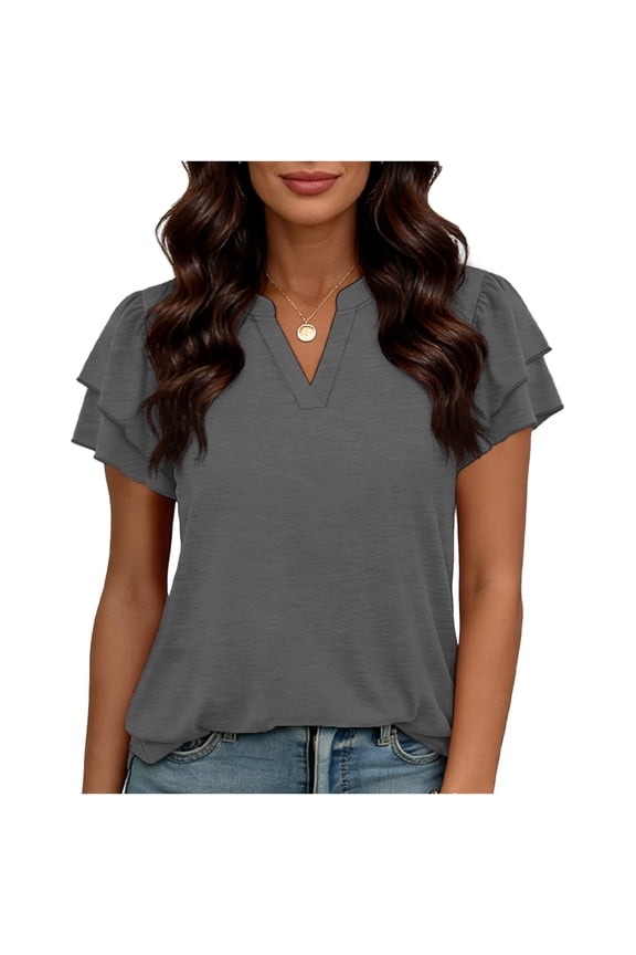 Womens Trendy Casual Double Ruffle Sleeve Comfy Blouses Tops Women's Fashion Spring Summer Solid Color Base Layer T-Shirt With Ruffled Sleeve V-Neck Top