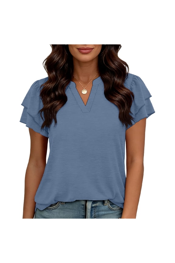 Womens Trendy Casual Double Ruffle Sleeve Comfy Blouses Tops Women's Fashion Spring Summer Solid Color Base Layer T-Shirt With Ruffled Sleeve V-Neck Top