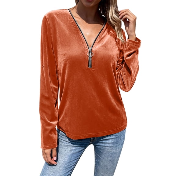 Rutainlusire Womens Trendy Casual Gold Velvet Half Zip Up Blouses Tops Women's Solid Color Elegant Metallic Velvet Long Sleeve Top