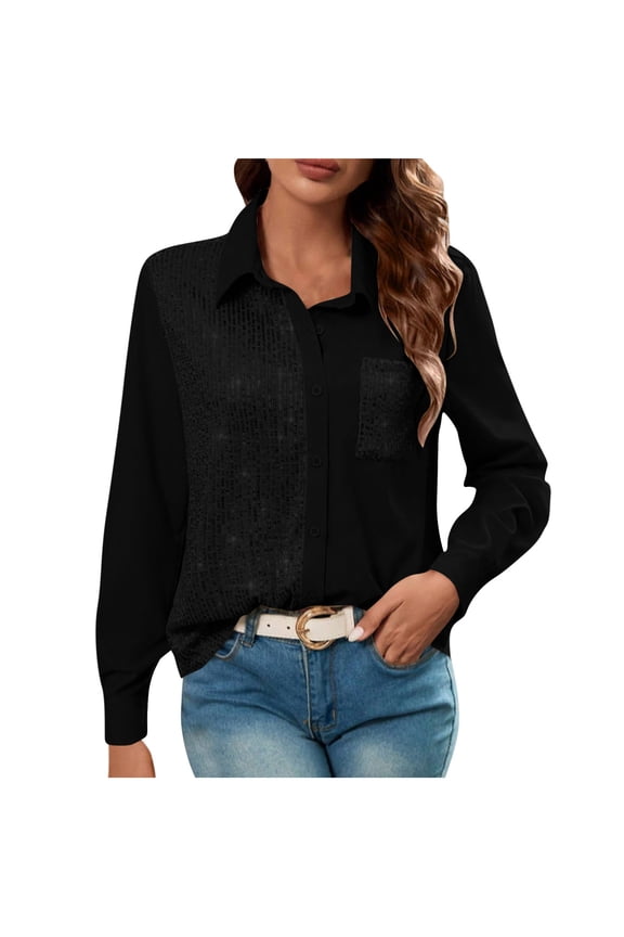 Womens Trendy Casual Shiny Sequins Comfy Lapel Shirts Blouses Fashion Women Solid Color Lapel Shirt With Sequins Patchwork Pockets Buttons Pullover Top