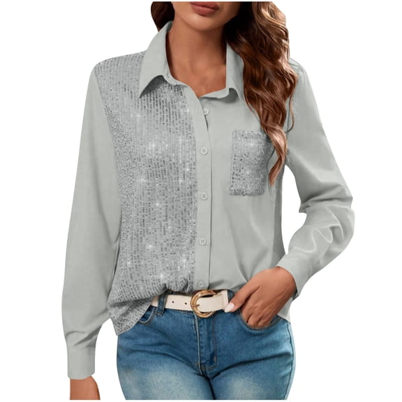 Rutainlusire Womens Trendy Casual Shiny Sequins Comfy Lapel Shirts Blouses Fashion Women Solid Color Lapel Shirt With Sequins Patchwork Pockets Buttons Pullover Top