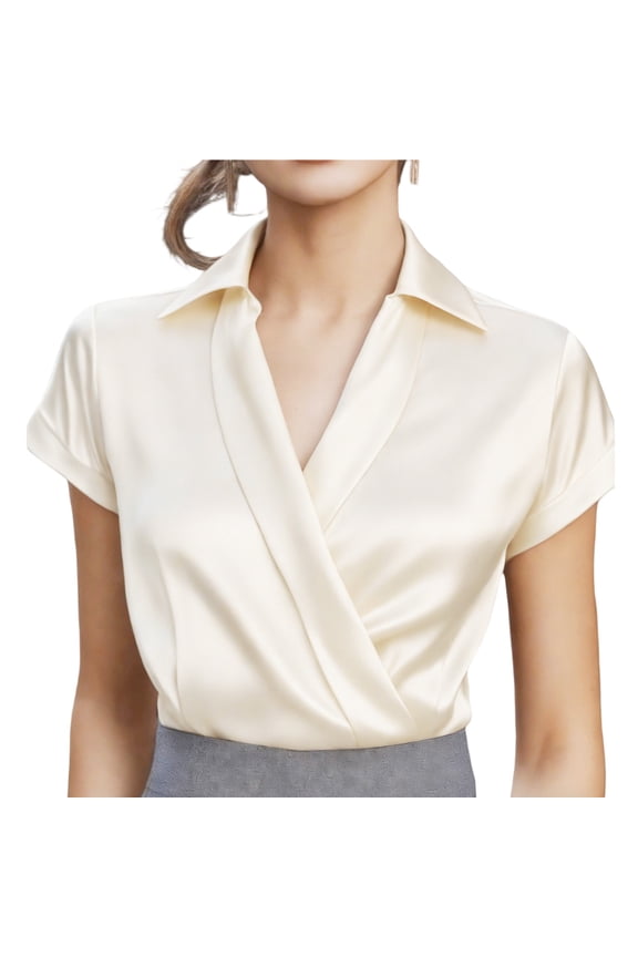 Womens Trendy Collared Satin V-Neck Blouses Tops Women's Solid Color Fashionable Elegant Gorgeous Satin Short Sleeved Lapel Tops