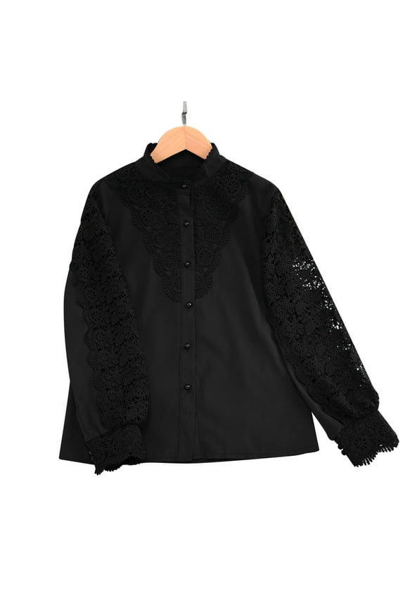 Womens Trendy Comfy Blouses Blouses for Women Dressy Casual Women’s Elegant Lace Shirts Solid Color Round Neck Casual Blouse Long Sleeve Button Down Tops