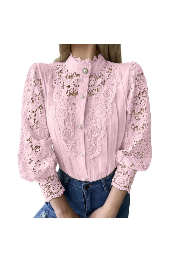 Womens Trendy Comfy Blouses Blouses for Women Dressy Casual Women’s Elegant Lace Shirts Solid Color Round Neck Casual Blouse Long Sleeve Button Down Tops