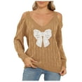 thumbnail image 1 of Rutainlusire Womens Trendy Comfy Bow Printed Sweaters Blouses Women's Casual Fashion V-Neck Bow Long Sleeved Off Shoulder Loose Pullover Sweater, 1 of 5