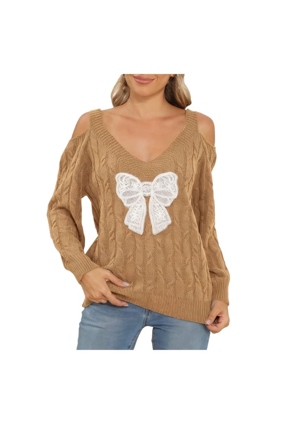 Womens Trendy Comfy Bow Printed Sweaters Blouses Women's Casual Fashion V-Neck Bow Long Sleeved Off Shoulder Loose Pullover Sweater